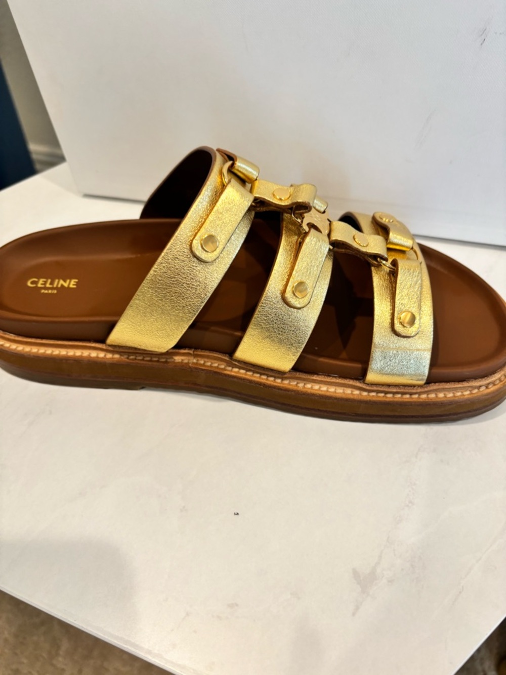 Celine Triomphe Mule 30 Metallic Gold Leather Triple-Strap Slides - Picture 9 of 14